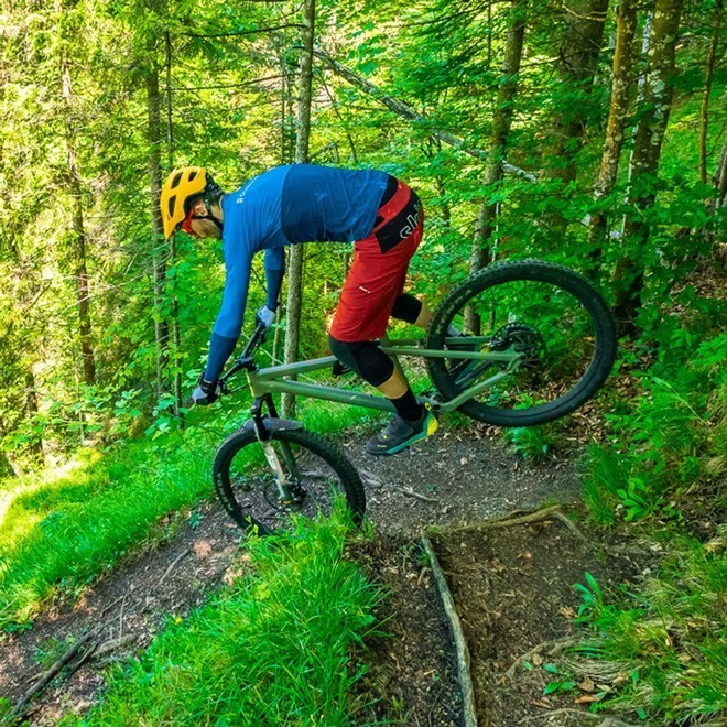 Johannes Pistrol fährt einen Downhill mit seinem Bike