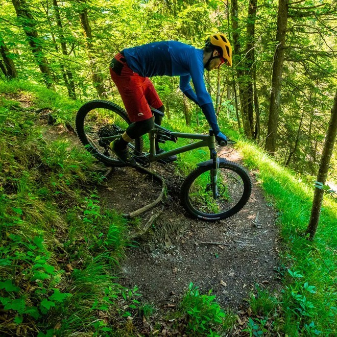 Johannes Pistrol fährt einen Downhill mit seinem Bike